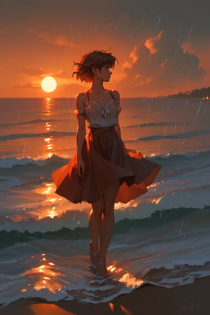 (score_9,score_8_up,score_7_up),1girl, solo, small_sized_chest, 80s_short_dark_brown_hair, dark_brown_eyes, half Irish half English ethnicity, light skin complexion, 21 years old, skirt style , silhouette, sunset, beach, rainy, picturesque, covering groin