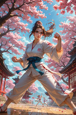 score_9,score_8_up,score_7_up,source_anime, BREAK (masterpiece), best quality. Create an image of a martial artist woman with a youthful and athletic appearance. She has long, flowing brown hair tied back in a high ponytail, and she is wearing a traditional karate gi with a blue belt tied firmly around her waist. Her bright blue eyes reflect determination and strength. She stands in a fighting stance, with one fist raised and her feet planted firmly on the ground. The setting is a sunlit dojo, with wooden floors and paper lanterns casting soft light. In the background, cherry blossom trees are in full bloom, their petals gently floating through the air, adding a serene contrast to her powerful stance. Her expression is calm yet focused, ready for the next move.