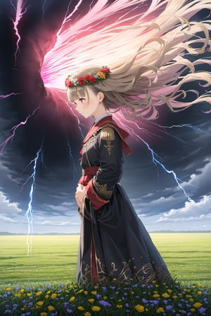 A young goddess with long wavy hair, standing in a flower field of tall grass. She is wearing a dark robe with red details, standing in the middle of the field (flower crown on her head) . She is surrounded by a swirling vortex of lightning energy, thunder and lighting. A windstorm is sweeping debris creating a whirlwind. The sun is setting behind the character creating a glowing aura around her, centered, perfect framing and composition. Epic shot, dramatic lighting, dynamic angle, (4k), (masterpiece) , (best quality), (extremely intricate), (realistic) , (sharp focus) , (award winning) , (cinematic lighting) , (extremely detailed)