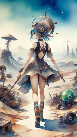 Groundcore, Orientalism ,cute alien_girl, Looking Back , ((Sexy Clothing)), realistic, Walking in a strutting pose, , , masterpiece, best quality, aesthetic, Create an image using junk art elements, with repurposed materials, found objects, and a sense of resourcefulness and creativity,Decora_SWstyle,watercolor,Devasted landscape 