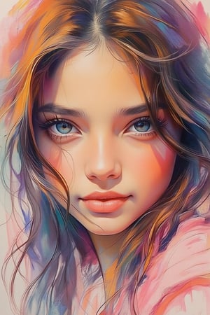 A vibrant mixed watercolour portrait of a beautiful 14yo girl, capturing her radiant complexion and expressive eyes. The image is framed close-up, focusing on her face with soft, diffused lighting. The composition is centered, with her hair flowing naturally and a gentle smile on her lips. The background is a blend of soft pastel hues, allowing her to stand out prominently. The watercolour technique is used to create a fluid, dynamic effect, highlighting her elegance and grace.