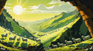 by Tomer Hanuka,

(Masterpiece),best quality,8k,(realistic ultra-precise detail and clarity), hd, fantasy landscape, (masterpiece,best quality,ultra-detailed), light ray, sun ray, fun lighten,
REFRACTION AND RE-REFLECTION OF SUNLIGHT, green valley with white sheep,

detail. liquid gouache: Jean Baptiste Mongue: calligraphy: acrylic: color watercolor, cinematic lighting, maximalist photo 