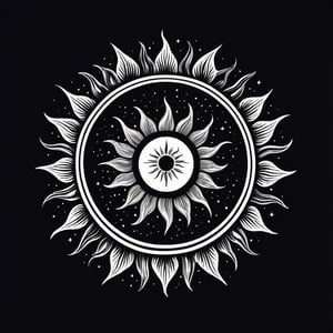 On a black background, SUN and MOON made of black and white reflective glass, bioluminescence, 
Crisp vector edge, smooth vector shapes, graphic design for t-shirt print (Logo art design). 