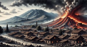 Pompeii, volcanic eruption, smoke and ash, collapse of the city, burning lava stones fall on the city like a hail of fire, red lava flows from the crater of the volcano, destruction of Pompeii, disaster, fire, earthquake, destroyed houses,.
high resolution and contrast and colour contrast,  dark palette,  intricately textured and extremely expressively detailed, detailmaster2,  fine artwork,  ultra quality,  epic view ,CharcoalDarkStyle,charcoal drawing,ink art,line art illustration