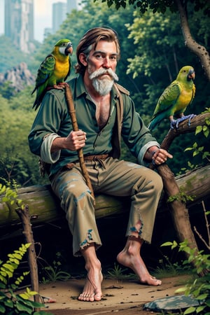 Robinson Crusoe, man, bare feet, noble face, a green parrot on his shoulder, barefoot, a man in rags, torn_clothes, a shaggy long beard, a mustache, holding a wooden stick, a ragged man, a forest thicket, the shirt is tattered, the sleeves are torn, rags of fabric are hanging, the white clothes are stained, rocks, birds, the jungle, a snake on a tree branch, a parrot sitting on his shoulder