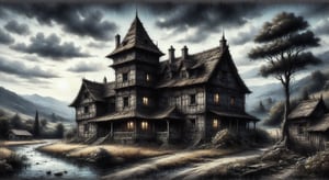 "The House in Fata Morgana".
high resolution and contrast and colour contrast,  dark palette,  intricately textured and extremely expressively detailed, detailmaster2,  fine artwork,  ultra quality,  epic view ,CharcoalDarkStyle,charcoal drawing,ink art,line art illustration