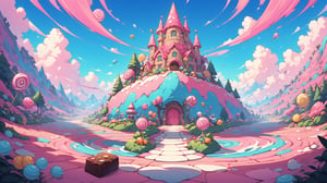 A colorful, vibrant, and whimsical cartoon world made entirely of candy, sweets, and desserts, inspired by the style of 'Wreck-It Ralph.' The scene is filled with towering candy canes, gumdrop mountains, and chocolate rivers, all rendered in bright, saturated colors. The sky is a swirl of cotton candy clouds in shades of pink and blue. In the foreground, lollipop trees and gingerbread houses are decorated with icing and sprinkles, while paths paved with gummy bears and marshmallows wind through the landscape. The inhabitants of this world are playful, friendly characters made of various sweets, with exaggerated, expressive features. The atmosphere is joyful and lighthearted, with a sense of adventure and fun. Everything in this world feels soft, sweet, and inviting, creating a nostalgic and heartwarming scene that bursts with charm and energy. The overall style is lively, with a strong emphasis on bright colors, rounded shapes, and a sense of childlike wonder.