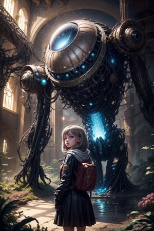 "Amidst the enigmatic surroundings of a distant planet, a girl with wide eyes explores the metallic wonders of an alien flora. The scene is an exquisite blend of the familiar and the extraterrestrial, inviting viewers to dream beyond our world.