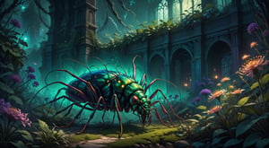 Generate hyper realistic image of a portrayal of an eldritch insect queen metamorph monster transforming in a forgotten garden overrun with twisted flora. Illuminate the scene with surreal, otherworldly colors as the creature undergoes its metamorphic stages.