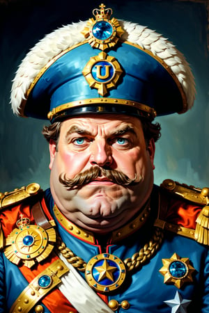 The Fat, Greedy Marauder General: "Create a detailed, colorful portrait of a rotund Marauder General, his face beaming with greed and arrogance. His large, round face is adorned with a bushy mustache, and his eyes gleam with self-satisfaction. He wears an opulent military uniform, overloaded with shiny gold medals and ornate decorations, his jacket barely containing his bulk. The expression is smug, and the background is a chaotic battlefield filled with plundered treasures, symbolizing his ruthless ambition