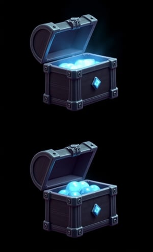 mystical carbon cybernetic chest, open and opened options, mystical glow, game sprite, object, black background, material black carbon, hi-tech style