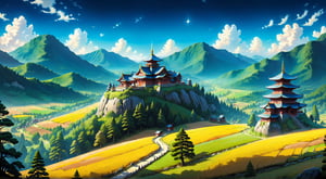 vast soothing landscape, spacious fields and forests, beautiful view of Buddhist temples and buildings, peace and quiet, blue sky, Hayao Miyazaki style concept,

