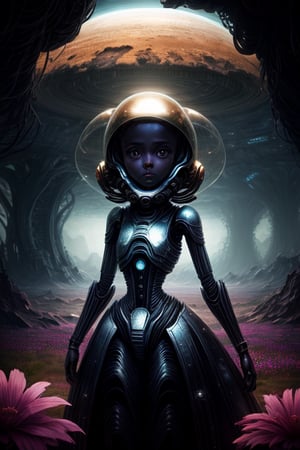 "Amidst the enigmatic surroundings of a distant planet, a girl with wide eyes explores the metallic wonders of an alien flora. The scene is an exquisite blend of the familiar and the extraterrestrial, inviting viewers to dream beyond our world.