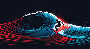 On a black background,
Surfer on a wave
made of blue and red reflective glass, bioluminescence, (Logo art design). Minimalist vector graphic design,