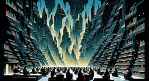 black background, graphic image of millions of people reading books, full color, Double Exposure but extremely beautiful), (intricate details, masterpiece, best quality), Futurism Art Style, dynamic, dramatic, Futurism Art Style, , simple, Noir et blanc, monochrome, art style by Moebius.,industrialbuilding,T-shirt design,3d isometric