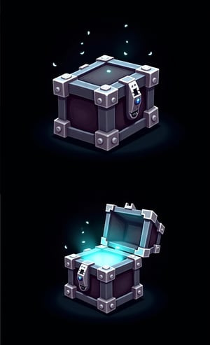 mystical carbon cybernetic chest, open and opened options, mystical glow, game sprite, object, black background, material black carbon, hi-tech style