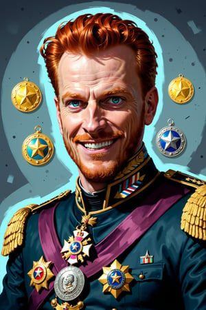 Create a colorful and expressive portrait of a red-haired, pockmarked Marauder General. His slim face is framed by unruly hair, and his bulging, mischievous eyes gleam with treachery. His uniform is a patchwork of bright, garish colors, filled with oversized medals that give him an exaggerated, almost comical look. The background features a battlefield strewn with plunder, reflecting his sneaky, opportunistic nature. His crooked grin hints at a mind always scheming. poster art, bold lines, expressive drawing,  award winning, (intricate details, masterpiece, best quality:1.4),