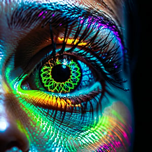 dark shot, high detailed photo of woman eye, perfect eye,in neon colour 
