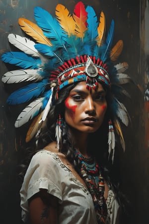 A mesmerizing double exposure masterpiece by the exceptionally talented artist Jinxit. The captivating scene features a portrait of a proud Indian warrior chief, adorned with intricate feather headdresses. The artwork embodies the enduring spirit of our ancestors, with Jinxit's imaginative vision brilliantly realized through a masterful fusion of diverse artistic elements. These include photo, fashion, conceptual art, 3D render, typography, illustration, portrait photography, cinematic, and painting. The 4K resolution artwork flawlessly merges lifelike lighting with artistic versatility, integrating silhouette, fashion, conceptual art, graffiti, 3D render, poster, typography, painting, fashion, portrait photography, conceptual art, portrait photography, graffiti, illustration, vibrant colors, and cinematic elements. The result is a breat, vibrant, painting, photo, cinematic, typography, 3d render, fashion, illustration, poster, portrait photography, conceptual art, graffiti