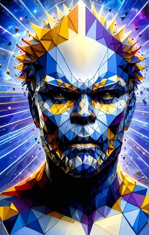 PORTRAIT OF THANOS, GUARDIANS OF THE GALAXY, MARVEL HEROES, Ral-pnrse,  a geometrically abstracted kirigami masterpiece on the repetition principle in white, grey, indigo, yellowish, tan, black papers, dark palette,  high resolution and contrast and colour contrast,  intricately textured and extremely subtle detailed,  detailmaster2,  side-light,  ultra quality,  fine artwork , epic view, 
