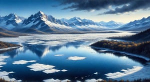 Distant ice gives rise to sheer cliffs of ice shelves in the skies, which are reflected in the blue lakes and water channels at their base. The huge white and golden cities of the East appear as the outlines of nearby spiers, formed by distant, previously unseen icebergs. Above them hover swaying purple and cream layers of reflections of even more distant icebergs and ice., 
high resolution and contrast and colour contrast,  dark palette,  intricately textured and extremely expressively detailed, detailmaster2,  fine artwork,  ultra quality,  epic view ,CharcoalDarkStyle,charcoal drawing,ink art,line art illustration