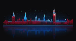 On a black background,
London
made of blue and red reflective glass, bioluminescence, (Logo art design).