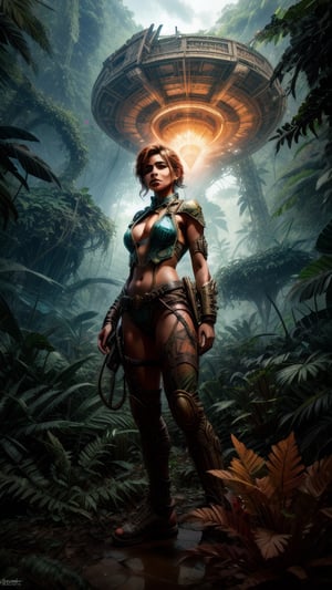 "In the heart of the jungle, amidst the remnants of a bygone era, the Stelar Girl stands amidst the Alien Ruins, her expression a blend of wonder and determination as she contemplates the intersection of Science Fiction and reality, the swirling clouds overhead a symbol of the turbulent journey that lies ahead."