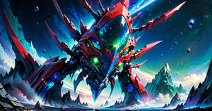 alien red ship hovering over a blue planet in space, masterpiece, high quality, highres, 2D, illustration, anime,  black and blue colored, black cosmos, 

,cyborg style,tutelage_voy,Green Crystal Mecha,3D,Glass Elements,extremely detailed,Devasted landscape ,zavy-lndskncht,DonMF41ryW1ng5XL,Anime ,6000,Tech,painted world