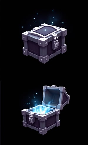 mystical carbon cybernetic chest, open and opened options, mystical glow, game sprite, object, black background, material black carbon, hi-tech style