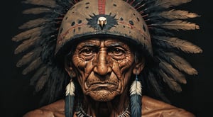  portrait of a native american old man, face, bold black outlines, extreme detailed clothes and accesories, war helmet with eagle feathers, dark shot, monochromatic, haunting, defeated, highly detailed, Indigenous, ethnic, native american, backlighting, traditional patterns, art by Zdzisław Beksiński,digital artwork by Beksinski,jxdhxps character