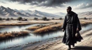 a monk dressed in black was walking through the desert, somewhere in Syria or Arabia... A few miles from where he was walking, fishermen saw another black monk who was slowly moving along the surface of the lake. This second monk was a mirage, high resolution and contrast and colour contrast,  dark palette,  intricately textured and extremely expressively detailed, detailmaster2,  fine artwork,  ultra quality,  epic view ,CharcoalDarkStyle,charcoal drawing,ink art,line art illustration