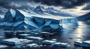 Distant ice gives rise to sheer cliffs of ice shelves in the skies, which are reflected in the blue lakes and water channels at their base. The huge white and golden cities of the East appear as the outlines of nearby spiers, formed by distant, previously unseen icebergs. Above them hover swaying purple and cream layers of reflections of even more distant icebergs and ice., 
high resolution and contrast and colour contrast,  dark palette,  intricately textured and extremely expressively detailed, detailmaster2,  fine artwork,  ultra quality,  epic view ,CharcoalDarkStyle,charcoal drawing,ink art,line art illustration