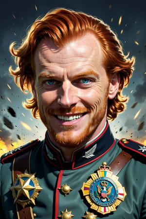 Create a colorful and expressive portrait of a red-haired, pockmarked Marauder General. His slim face is framed by unruly hair, and his bulging, mischievous eyes gleam with treachery. His uniform is a patchwork of bright, garish colors, filled with oversized medals that give him an exaggerated, almost comical look. The background features a battlefield strewn with plunder, reflecting his sneaky, opportunistic nature. His crooked grin hints at a mind always scheming. poster art, bold lines, expressive drawing,  award winning, (intricate details, masterpiece, best quality:1.4),