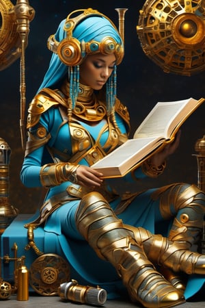 cosmic woman, thoughtfully reading a book, normal color skin, shues, boots metal, Amber, cronos, total time master, metal esoteric ornament, chrome rivets, nuclear atom, metal snake, atom trumpet, gold trombone, ancient Cosmic, hands empty, blue background,DonMM00m13sXL