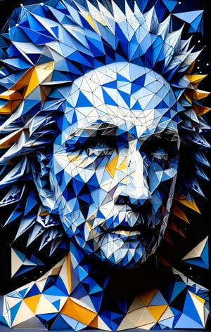 PORTRAIT OF ALBERT EINSTEIN, Ral-pnrse,  a geometrically abstracted kirigami masterpiece on the repetition principle in white, grey, indigo, yellowish, tan, black papers, dark palette,  high resolution and contrast and colour contrast,  intricately textured and extremely subtle detailed,  detailmaster2,  side-light,  ultra quality,  fine artwork , epic view, 
