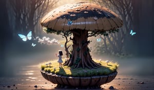 "Magical encounter, closeup young girl exploring, gigantic mushroom, ethereal butterflies, misty wonderland, enchanting details"