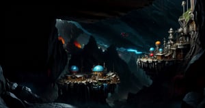 masterpiece, high quality, highres, 2D, illustration, anime, landscape of a cave, Aboriginal stone spherical huts, round windows, metal spikes on the roofs, cable car to huts on steep cliffs
,disney pixar style,Color Booster,nodf_lora, BJ_Gundam,Mecha body, Energy light particle mecha,trmechanic,DonML34f,DonMASKTEX,adstech,DonMR3mn4nts ,matwaretech  ,plasttech