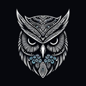 On a black background, AFRICAN OWL MASK made of black and white reflective glass, bioluminescence, 
Crisp vector edge, smooth vector shapes, graphic design for t-shirt print (Logo art design).  Minimalist vector graphic design, Sharp image edges, flat color, Drawing for tattoo