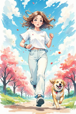 High quality, illustrations,watercolor:0.5, 1girl, the movement style, run, a dog, white shirt, white pants, one arm to wear sports watches, clouds, in the face of lens, the tree, the outdoors,cheerful candy