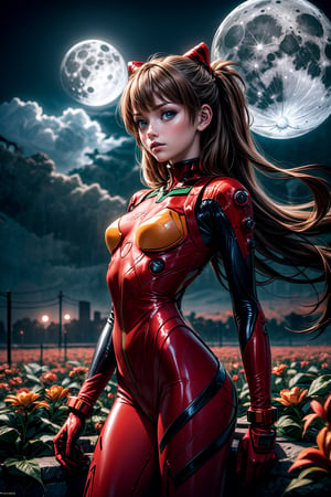 Digital illustration of a futuristic scene featuring a (((Girl))) in a stylish (((Plugsuit))) surrounded by an imaginative alien landscape, accentuated by the presence of the (((Moon))) and fantastical (((flowers))). The art style should blend elements of sci-fi and surrealism, with vivid and bright colors dominating the composition. The camera shot is a panoramic view, capturing the entire scene. Render style is a mix of quantum wavetracing and Unreal Engine aesthetics, ensuring a visually striking result.
,edgPlugsuit,souryuuasukalangley