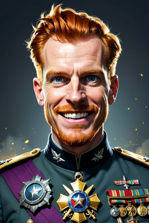 Create a colorful and expressive portrait of a red-haired, pockmarked Marauder General. His slim face is framed by unruly hair, and his bulging, mischievous eyes gleam with treachery. His uniform is a patchwork of bright, garish colors, filled with oversized medals that give him an exaggerated, almost comical look. The background features a battlefield strewn with plunder, reflecting his sneaky, opportunistic nature. His crooked grin hints at a mind always scheming.