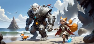 A highly detailed (stone golem) walking toward the camera with a lifeless expression, while a tiny (gnome sorceror riding on the golem's shoulder), A leash being held to restrain a (fox girl), who is runninga head of the him. Flowing waves from the sea can be seen in the distance as they walk along a shimmering sandy beach.,SelectiveColorStyle