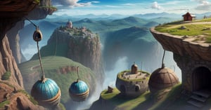 masterpiece, high quality, highres, 2D, illustration, anime, landscape of a cave, Aboriginal stone spherical huts, round windows, metal spikes on the roofs, cable car to huts on steep cliffs
,disney pixar style