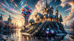 A colorful, vibrant, and whimsical cartoon world made entirely of candy, sweets, and desserts, inspired by the style of 'Wreck-It Ralph.' The scene is filled with towering candy canes, gumdrop mountains, and chocolate rivers, all rendered in bright, saturated colors. The sky is a swirl of cotton candy clouds in shades of pink and blue. In the foreground, lollipop trees and gingerbread houses are decorated with icing and sprinkles, while paths paved with gummy bears and marshmallows wind through the landscape. The inhabitants of this world are playful, friendly characters made of various sweets, with exaggerated, expressive features. The atmosphere is joyful and lighthearted, with a sense of adventure and fun. Everything in this world feels soft, sweet, and inviting, creating a nostalgic and heartwarming scene that bursts with charm and energy. The overall style is lively, with a strong emphasis on bright colors, rounded shapes, and a sense of childlike wonder.