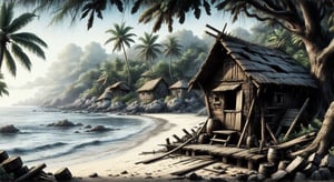 Create an emotionally charged, highly detailed illustration of Robinson Crusoe’s makeshift shelter on his deserted island, constructed from the wreckage of his ship. Depict a small, rugged hut built primarily from ship's planks, ropes, and metal parts salvaged from the shipwreck. The shelter should appear resourceful yet rudimentary, with its construction reflecting the materials used: broken shipboards, salvaged barrels, and canvas. Surround the hut with the natural elements of the tropical island, such as palm trees, sandy ground, and lush vegetation. Include signs of Robinson's ongoing efforts to improve and maintain his shelter, like freshly cut wood or patches of repaired canvas. The scene should convey a sense of isolation, survival, and ingenuity, emphasizing the contrast between the makeshift, functional nature of the shelter and the serene, wild beauty of the island environment.
high resolution and contrast and colour contrast,  dark palette,  intricately textured and extremely expressively detailed, detailmaster2,  fine artwork,  ultra quality,  epic view ,CharcoalDarkStyle,charcoal drawing,ink art,line art illustration