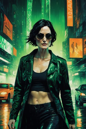 Highly detailed and hyper-realistic painting portrait of (Trinity:1.6) from The Matrix, (performed by an identical Carrie-Anne Moss lookalike:1.7), young face, (holding a gun:1.1), (an ankle-grazing leather coat worn on top of a body-encasing black vinyl top and pants, sunglasses with oval lenses:1.2), standing in a city station with green raining Matrix code. BREAK (aggressive and provocative expression:1.3), tough pose, (front view:1.4), looking at the viewer, (wearing dark sunglasses:1.4), BREAK vaporwave aesthetics, (upper body shot:1.2), greenish Matrix visual tone, (dark atmosphere and dull colors:1.2), eye level, subway station at night in the background, BREAK muted colours, (extremely realistic and accurate:1.4), league of legends, BREAK muted colours, octane render, intricate, ultra-realistic, elegant, highly detailed, digital painting, artstation, concept art, smooth, sharp focus, illustration, by ilya kuvshinov and krenz cushart, three-quarters view, sharp hard lines, brush strokes, watercolor, oil painting, ink panting, style by Agnes Cecile, Alberto Seveso, Anna Bocek, Carne Griffiths, Charlie Bowater, ink, more detail XL, ink , Comic Book-Style 2d,scary