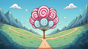 A colorful, vibrant, and whimsical cartoon world made entirely of candy, sweets, and desserts, inspired by the style of 'Wreck-It Ralph.' The scene is filled with towering candy canes, gumdrop mountains, and chocolate rivers, all rendered in bright, saturated colors. The sky is a swirl of cotton candy clouds in shades of pink and blue. In the foreground, lollipop trees and gingerbread houses are decorated with icing and sprinkles, while paths paved with gummy bears and marshmallows wind through the landscape. The inhabitants of this world are playful, friendly characters made of various sweets, with exaggerated, expressive features. The atmosphere is joyful and lighthearted, with a sense of adventure and fun. Everything in this world feels soft, sweet, and inviting, creating a nostalgic and heartwarming scene that bursts with charm and energy. The overall style is lively, with a strong emphasis on bright colors, rounded shapes, and a sense of childlike wonder.