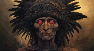  portrait of a native american old man, face, bold black outlines, extreme detailed clothes and accesories, war helmet with eagle feathers, dark shot, monochromatic, haunting, defeated, highly detailed, Indigenous, ethnic, native american, backlighting, traditional patterns, art by Zdzisław Beksiński,digital artwork by Beksinski