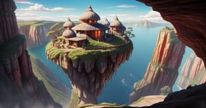 masterpiece, high quality, highres, 2D, illustration, anime, landscape of a cave, Aboriginal stone spherical huts, round windows, metal spikes on the roofs, cable car to huts on steep cliffs
,disney pixar style,1 girl 