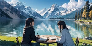  a writer and his girlfriend are sitting at a table and writing a book, a writer is writing a book, a girl is sitting next to her and reading a book, against the backdrop of a beautiful mountain landscape with mystical animals swimming in a lake,
